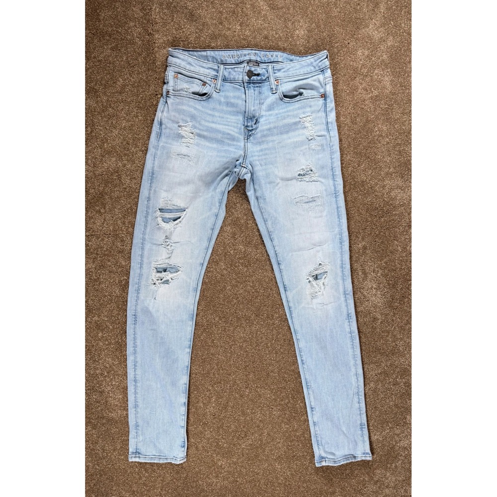 American Eagle‎ Mens Airflex+ Temp Tech Skinny Distressed Light Wash Jeans 30x34